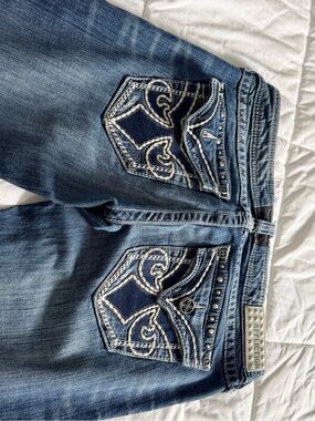 Affliction Women's Medium Blue Bootcut Jeans with White Embroidered Back Pockets